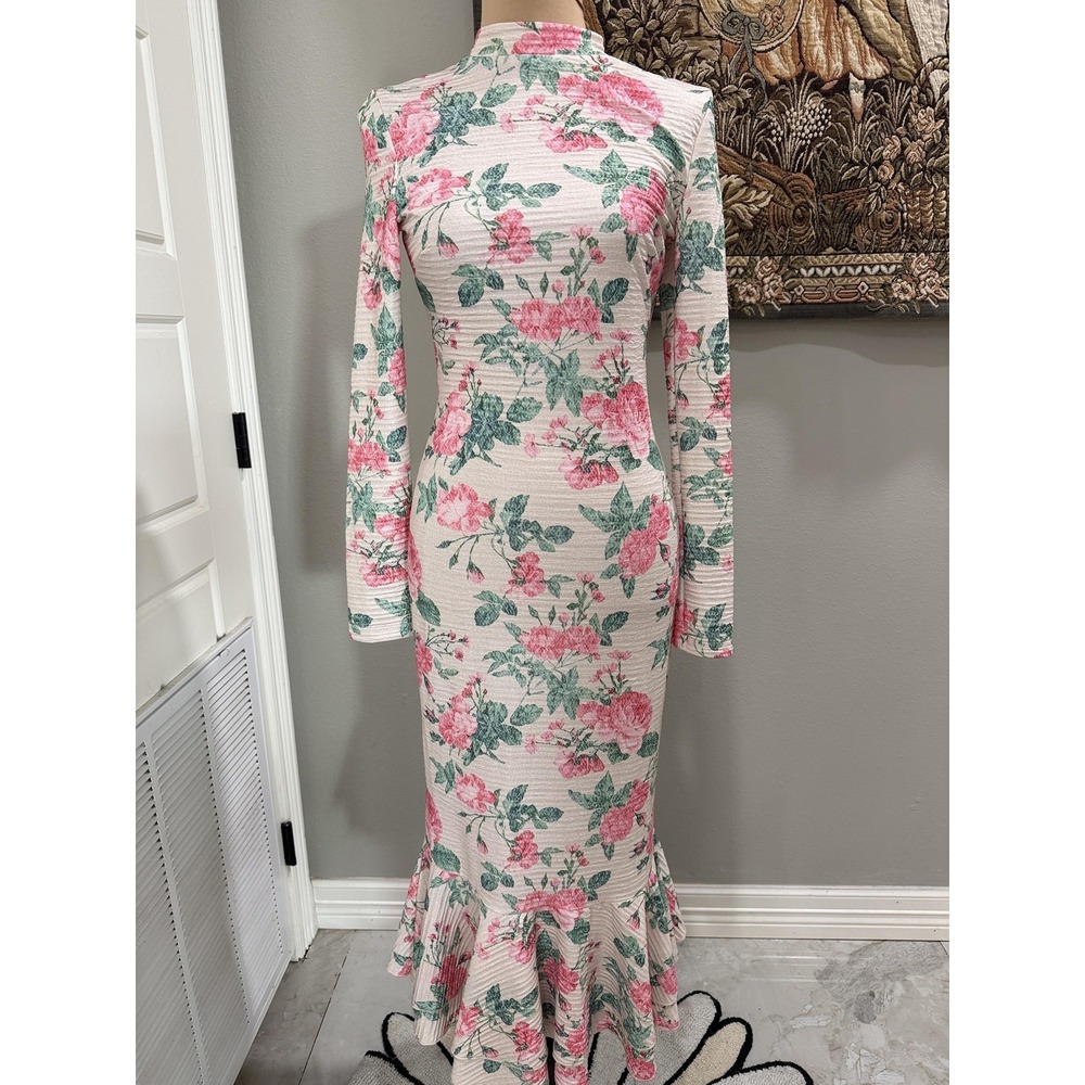Dress Womens Small White Floral Long Sleeve Bodycon Mermaid Maxi Ruffle Hem